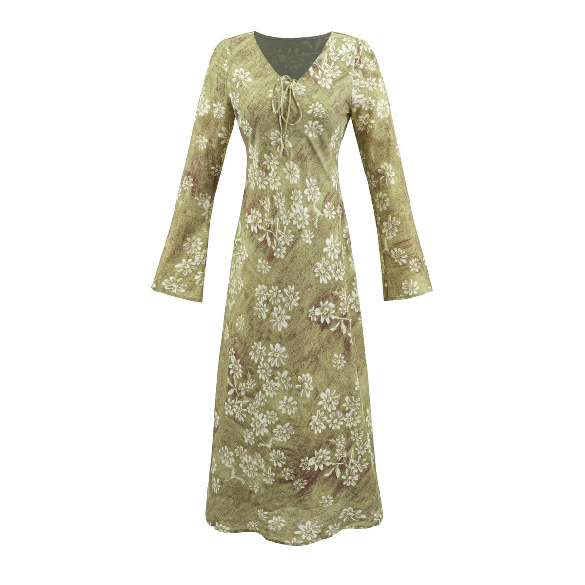 V neck Bell Sleeve Dress Retro V neck Slim Mid Length Vacation Dress