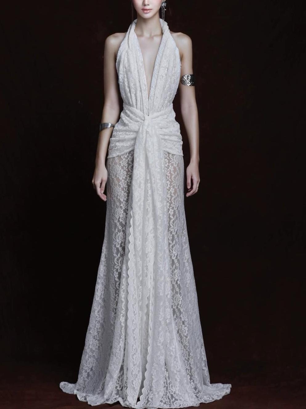 White Halter Lace Maxi Dress Deep V Plunge Twist Waist Split Sexy Backless Dress
