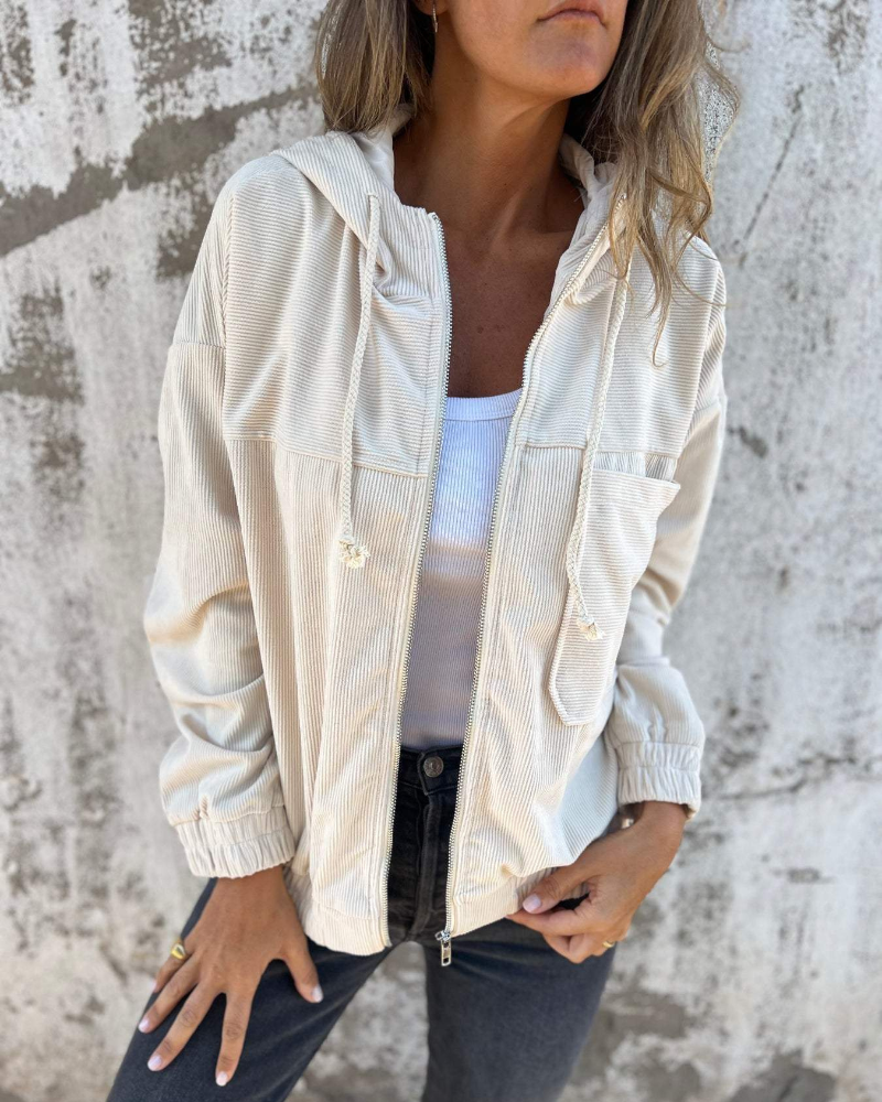 Corduroy Zip Front Drawstring Hem Jacket