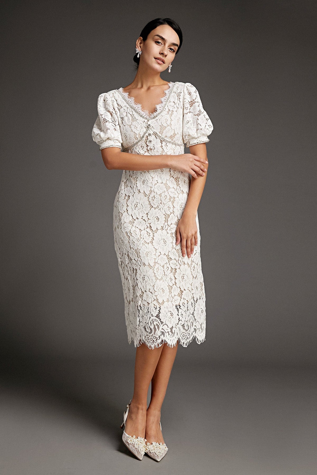 Floral Lace V-Neck Puff Sleeve Rhinestone Trim Scalloped Hem Midi Dress 5