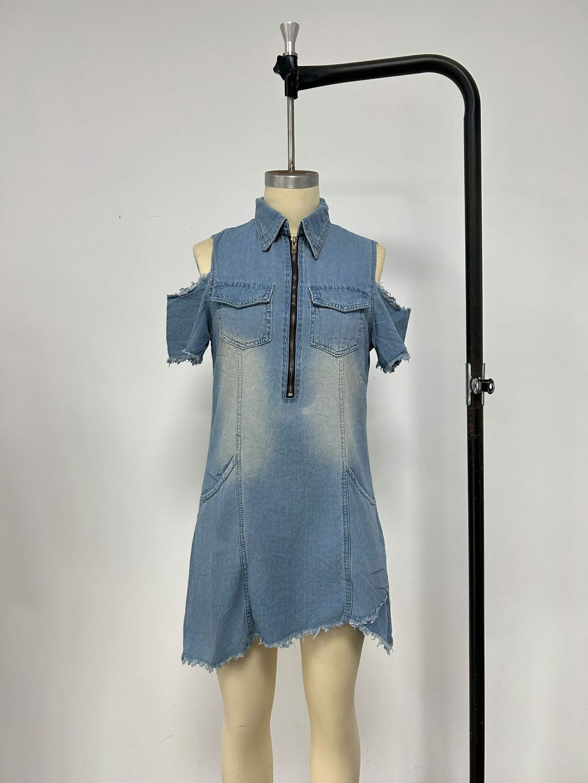 Summer Frayed Zipper off the Shoulder Slimming Fashionable V neck Women Denim Dress