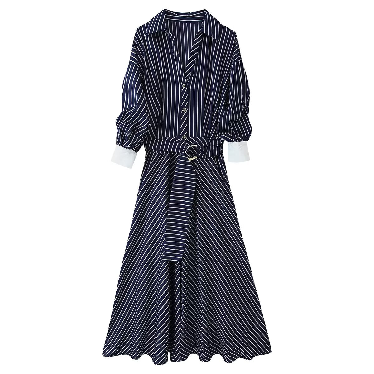 Women Clothing Autumn Winter Graceful Half Sleeve Polo Collar Stripes Belt Dress
