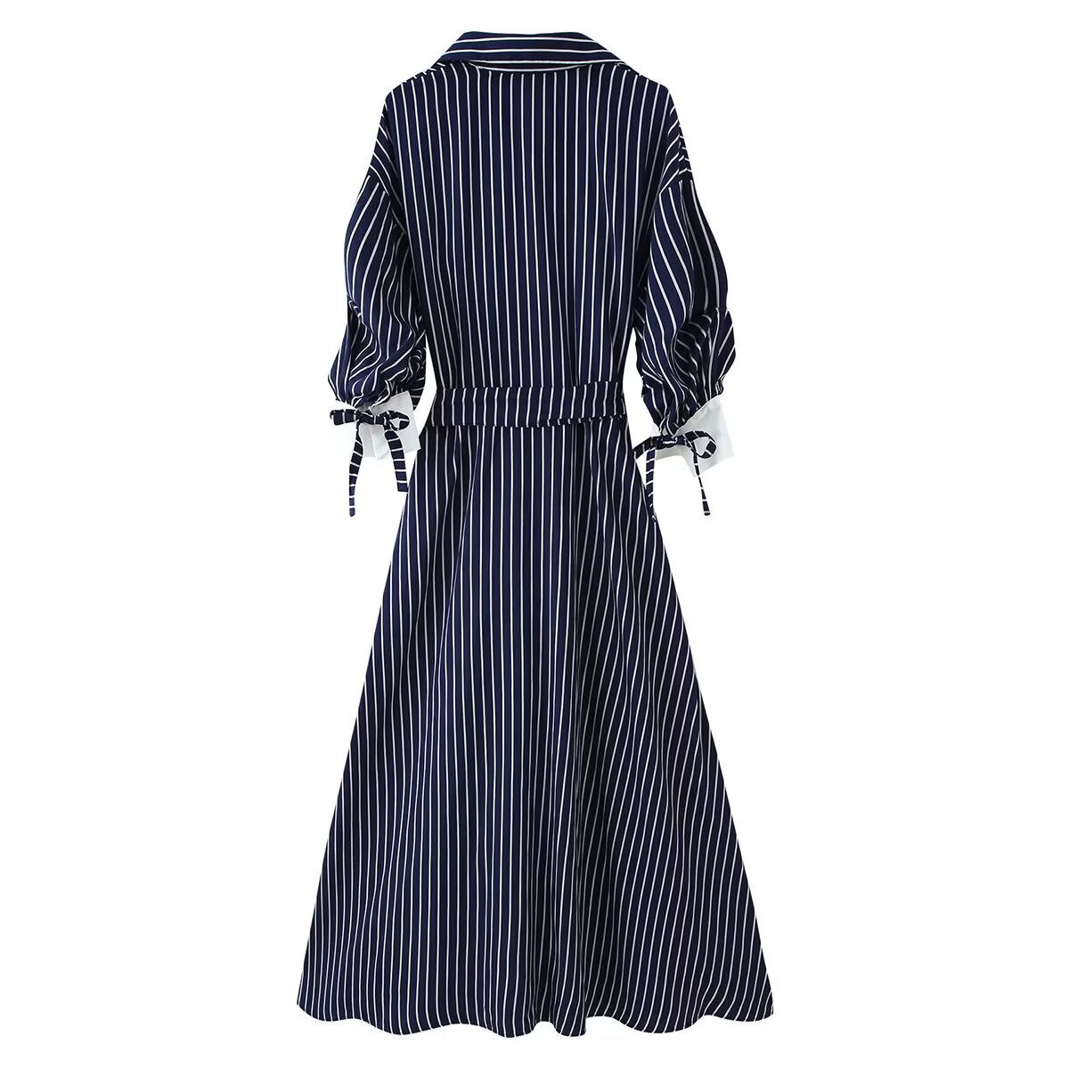 Striped Collared Button Front Belted Balloon Sleeve Midi Shirt Dress 3