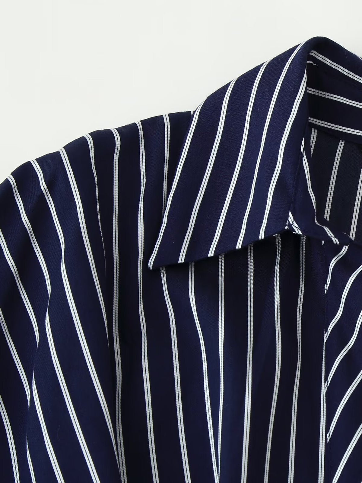Striped Collared Button Front Belted Balloon Sleeve Midi Shirt Dress 4