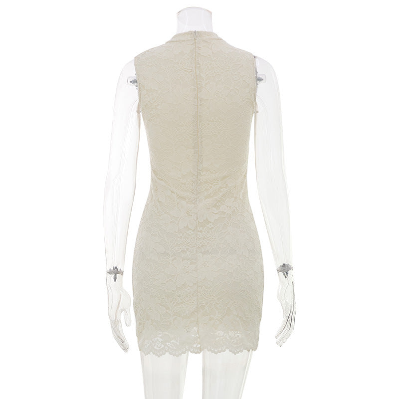 Lace Mandarin Collar Sleeveless Cheongsam Style Scalloped Hem Mini Dress 5