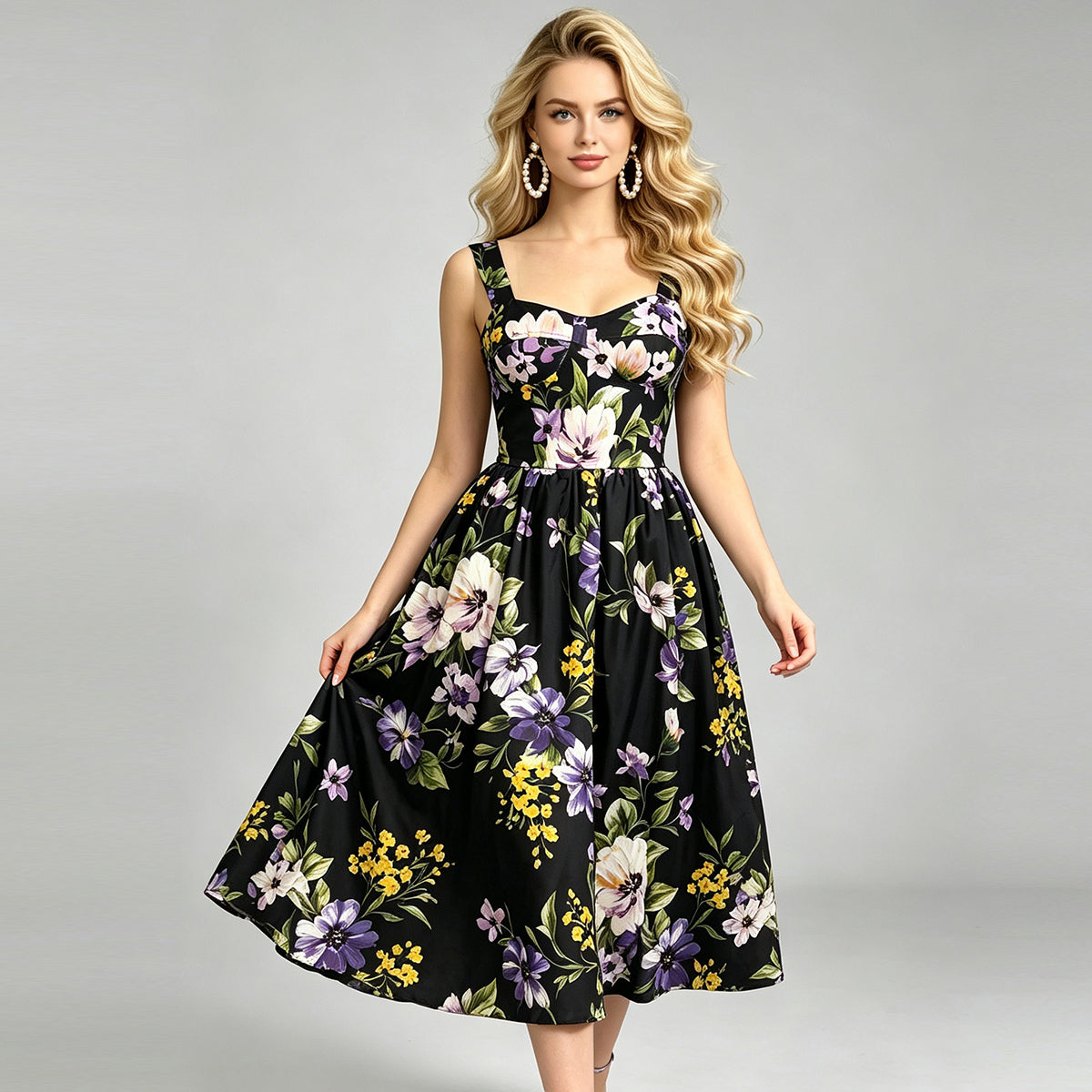 Floral Print Sweetheart Neck Wide Strap Fit and Flare Midi Dress
