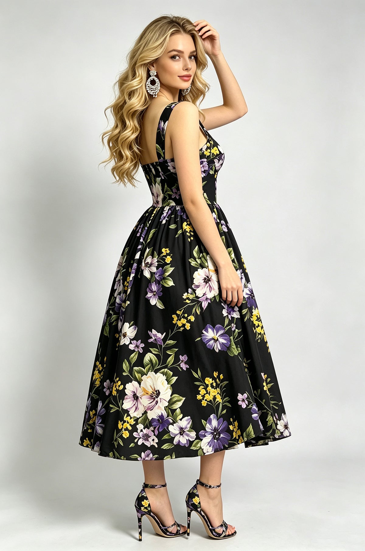 Floral Print Sweetheart Neck Wide Strap Fit and Flare Midi Dress 5