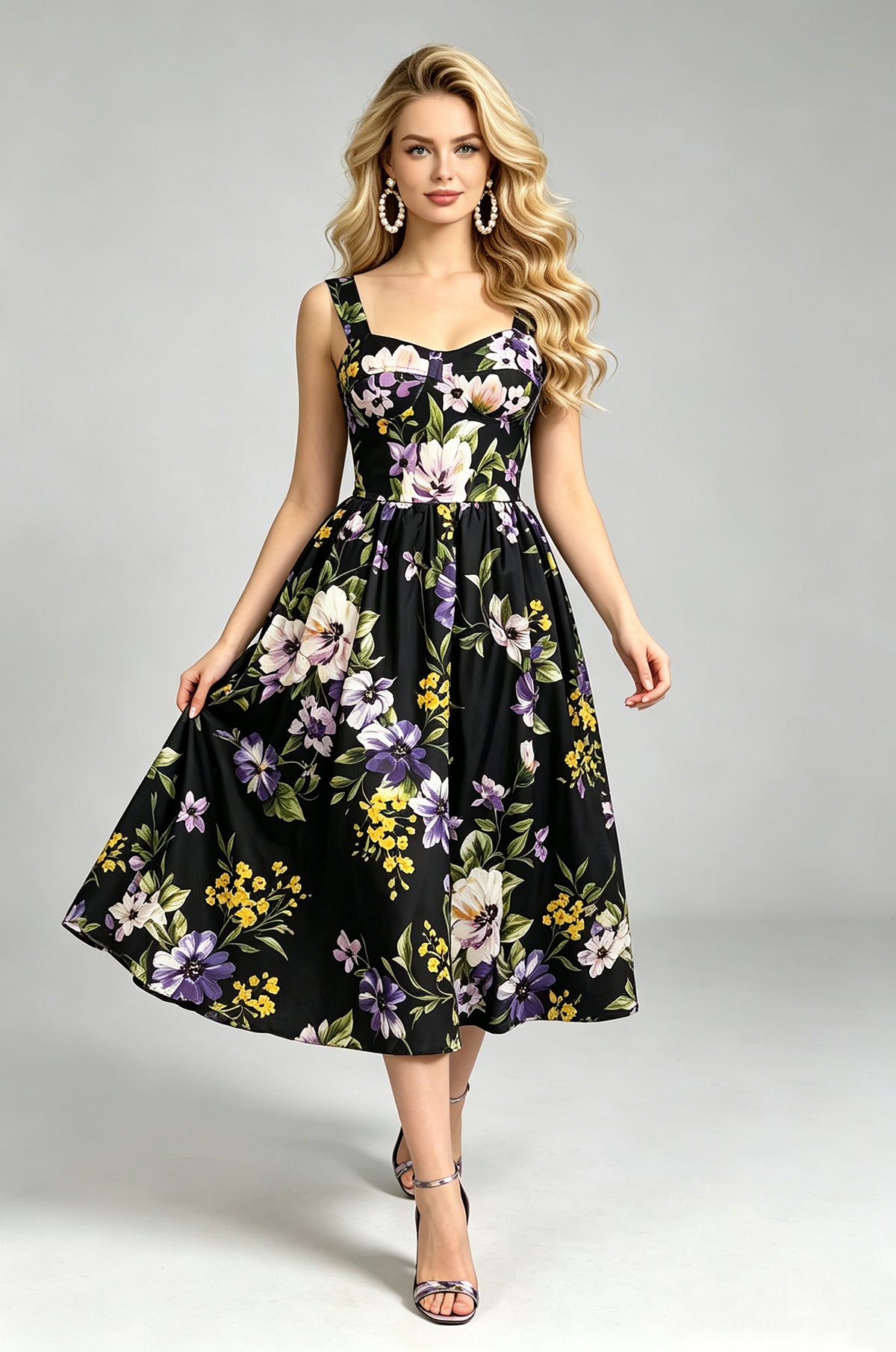 Floral Print Sweetheart Neck Wide Strap Fit and Flare Midi Dress 6