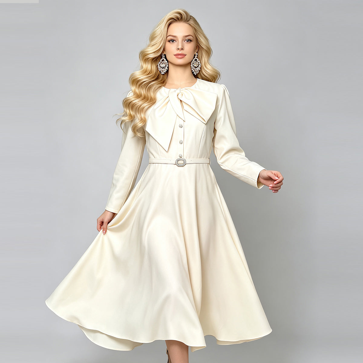 Women Spring Autumn Solid Color Long Sleeved A Line Dress