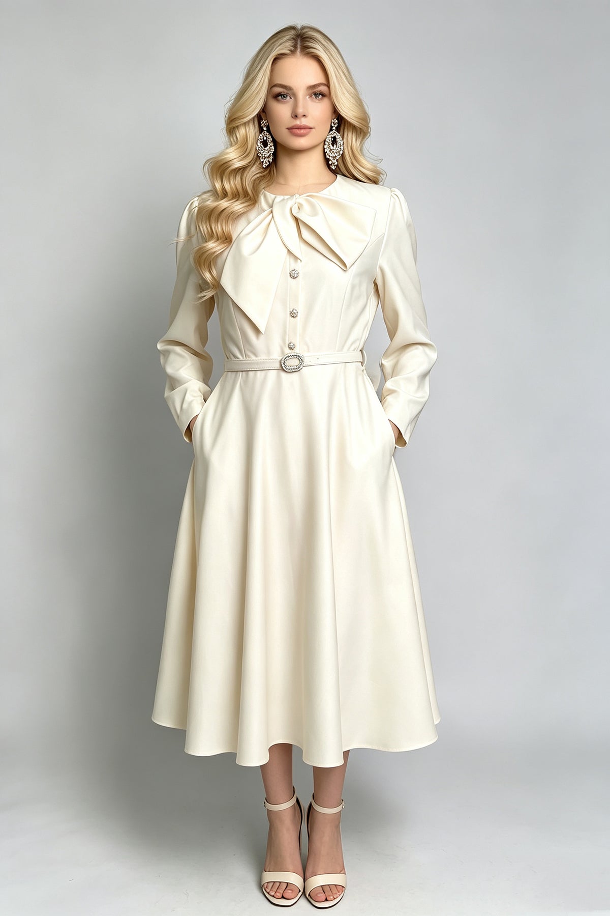 Women Spring Autumn Solid Color Long Sleeved A Line Dress