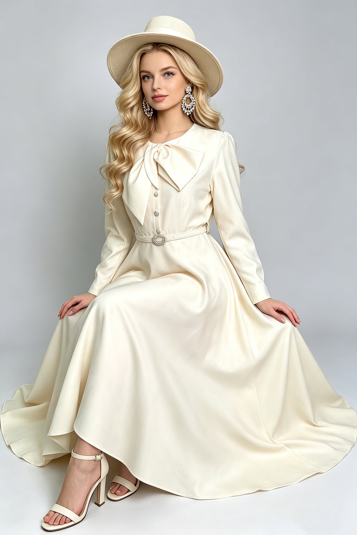 Women Spring Autumn Solid Color Long Sleeved A Line Dress