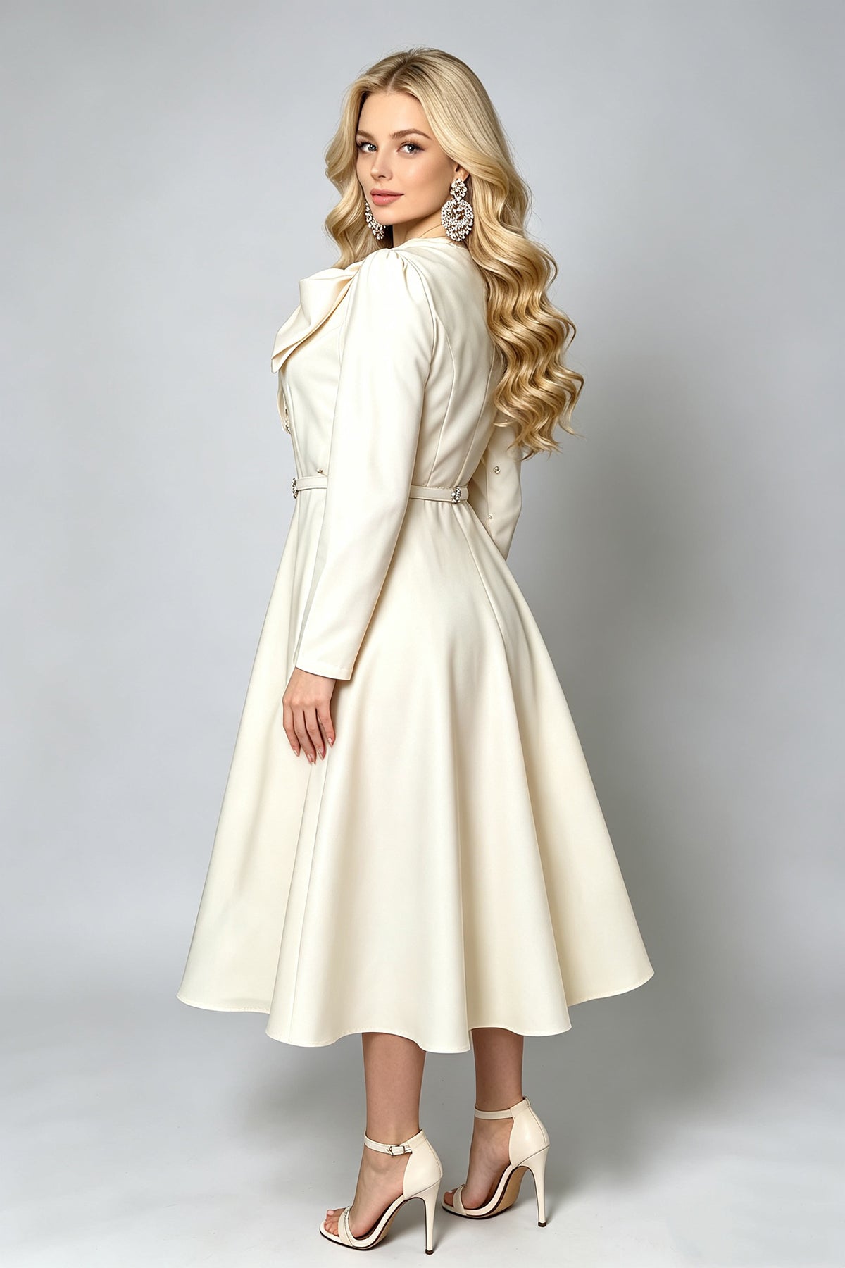 Women Spring Autumn Solid Color Long Sleeved A Line Dress
