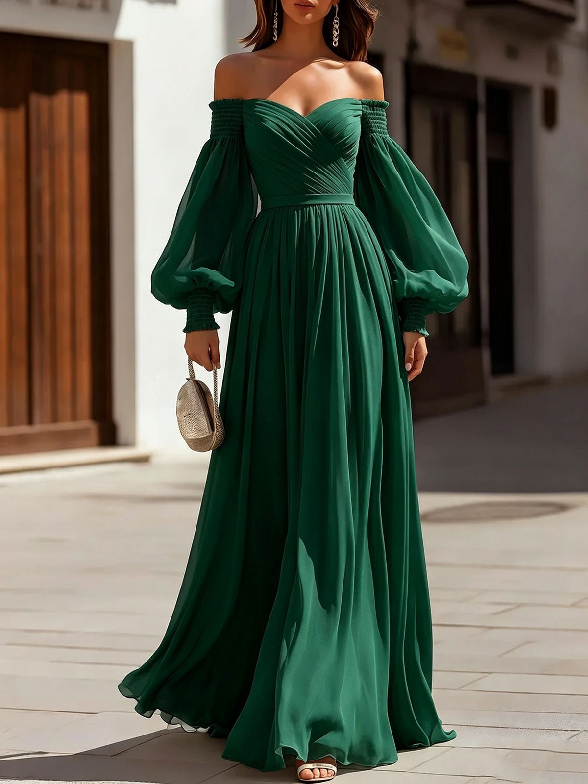 Off Shoulder Smocked Cuff Bishop Sleeve Pleated Chiffon Maxi Dress 3