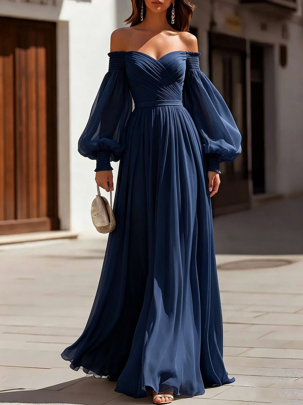 Off Shoulder Smocked Cuff Bishop Sleeve Pleated Chiffon Maxi Dress 5