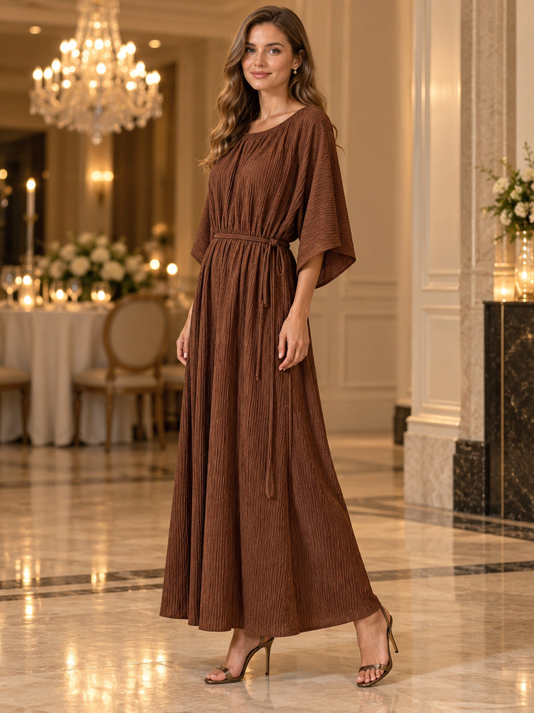 Plisse Round Neck Batwing Sleeve Tie Waist Maxi Dress 2