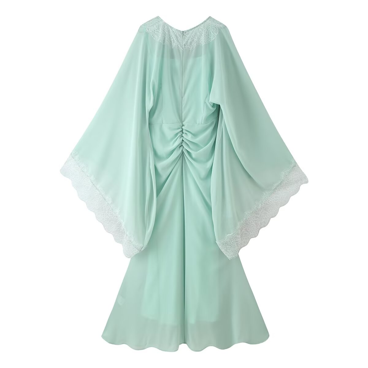 Lace Trim V-Neck Batwing Sleeve Ruched Front Chiffon Maxi Dress 2