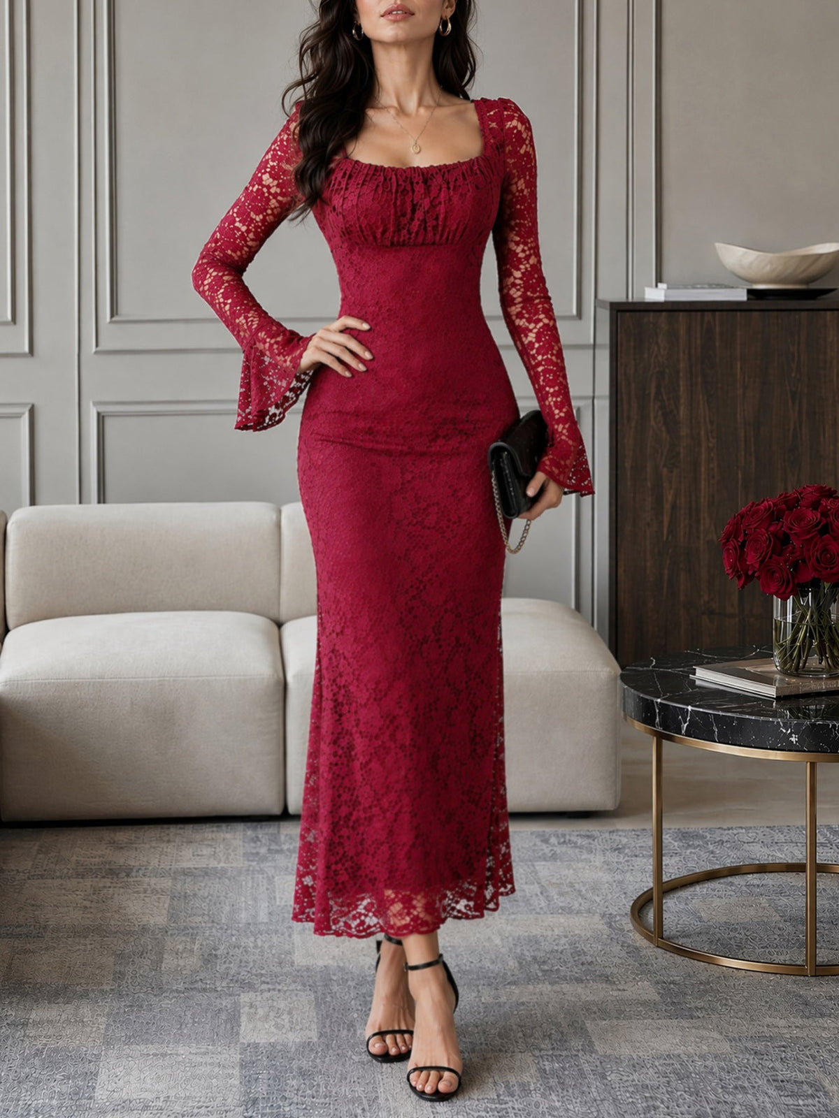 Lace Square Neck Ruched Bust Flare Sleeve Bodycon Maxi Dress 6
