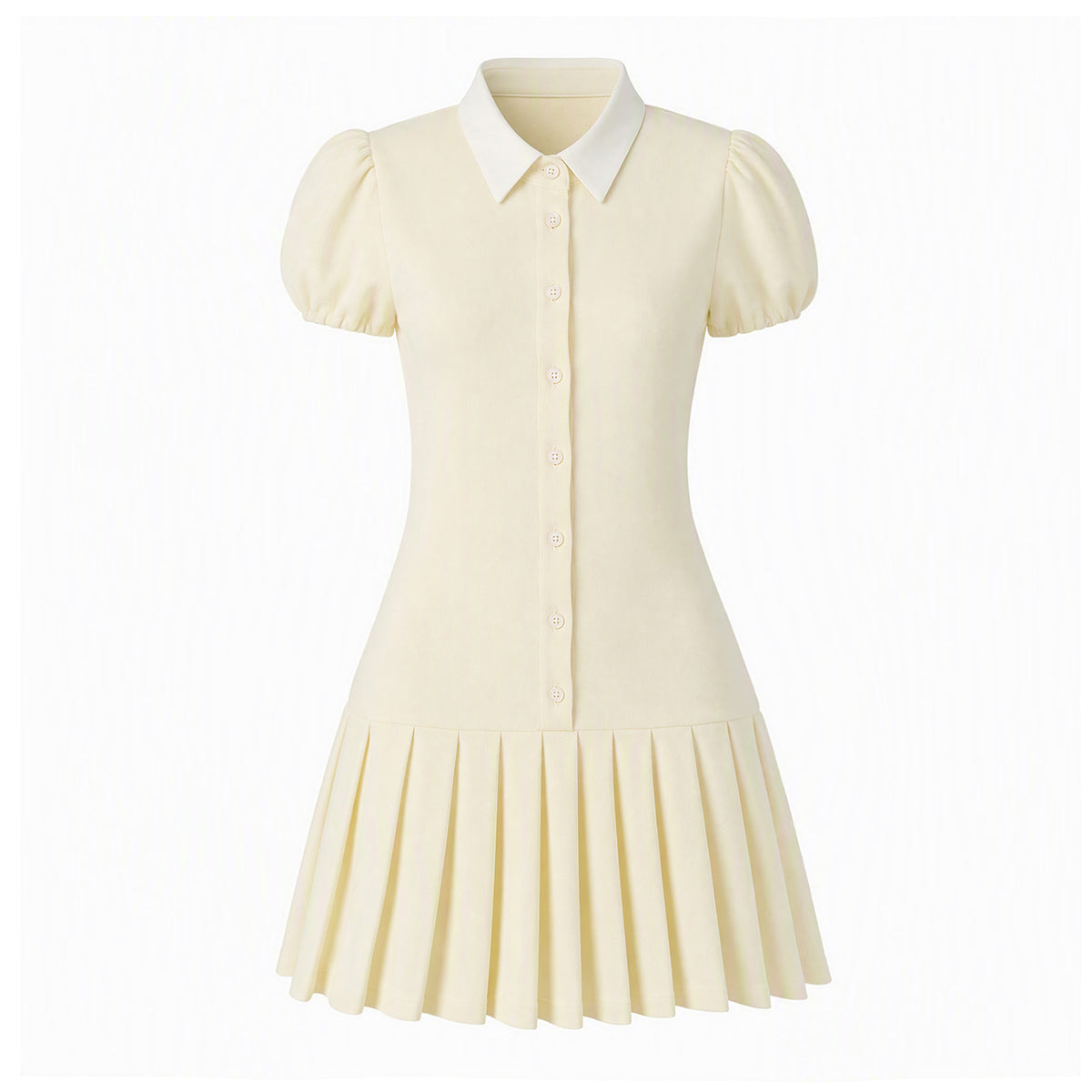 Contrast Collar Puff Sleeve Button Front Pleated Drop Waist Knit Mini Dress 2