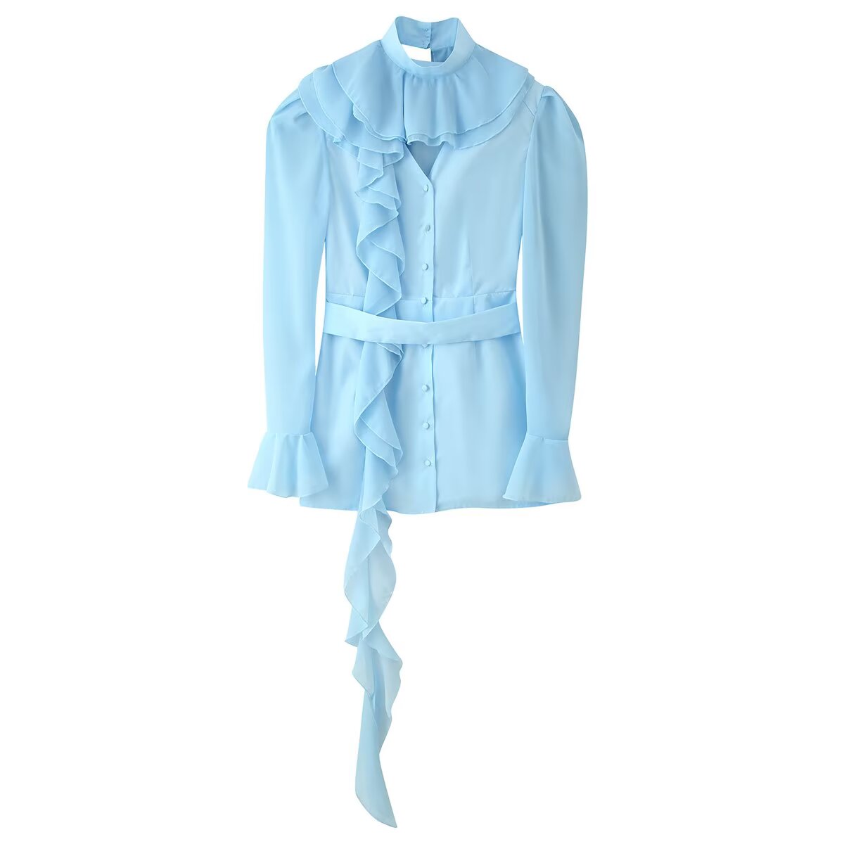 Ruffle Mock Neck Button Front Belted Flare Cuff Shirt Mini Dress