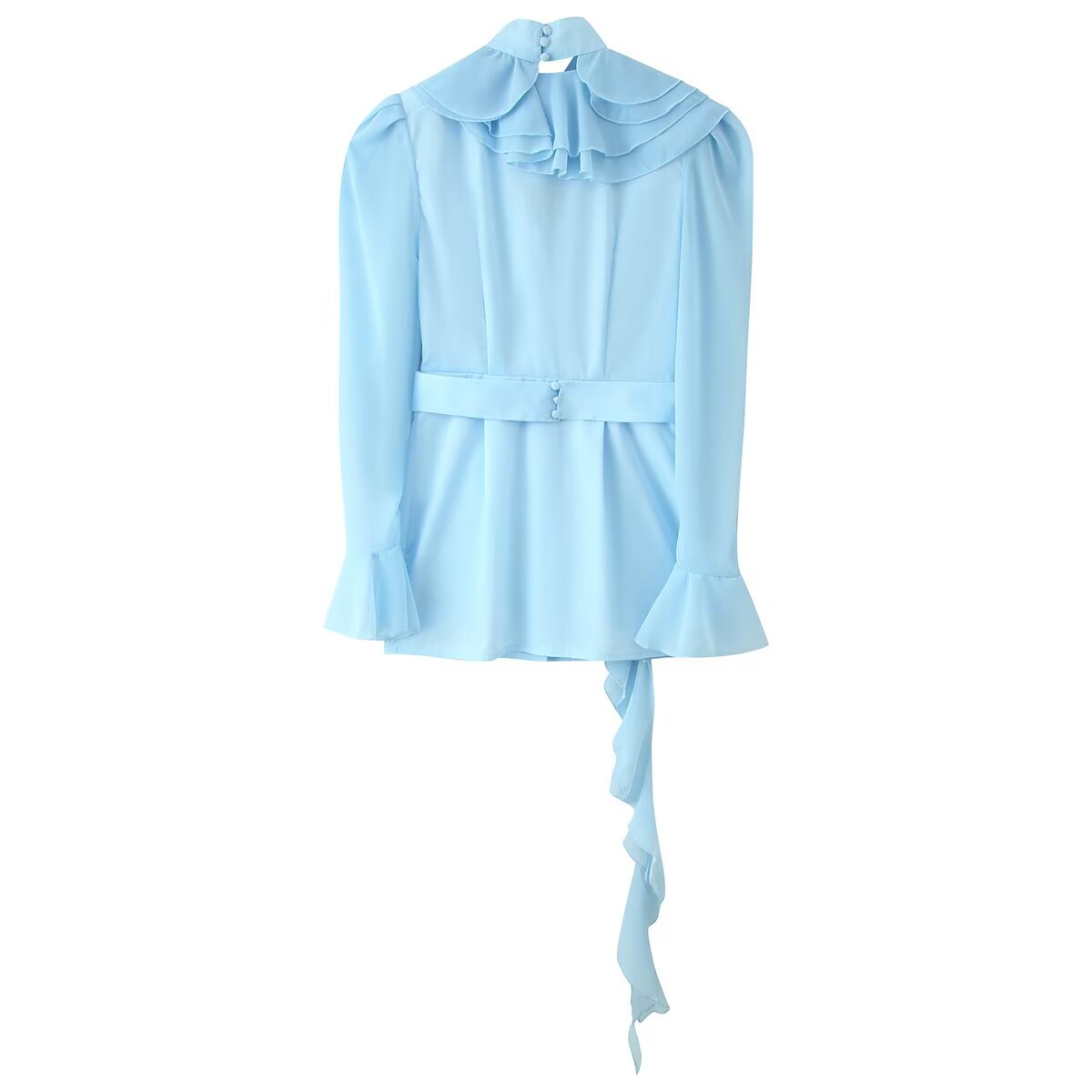 Women Clothing All Match V neck Fitted Waist Flare Sleeve Pleated Ribbon Dress