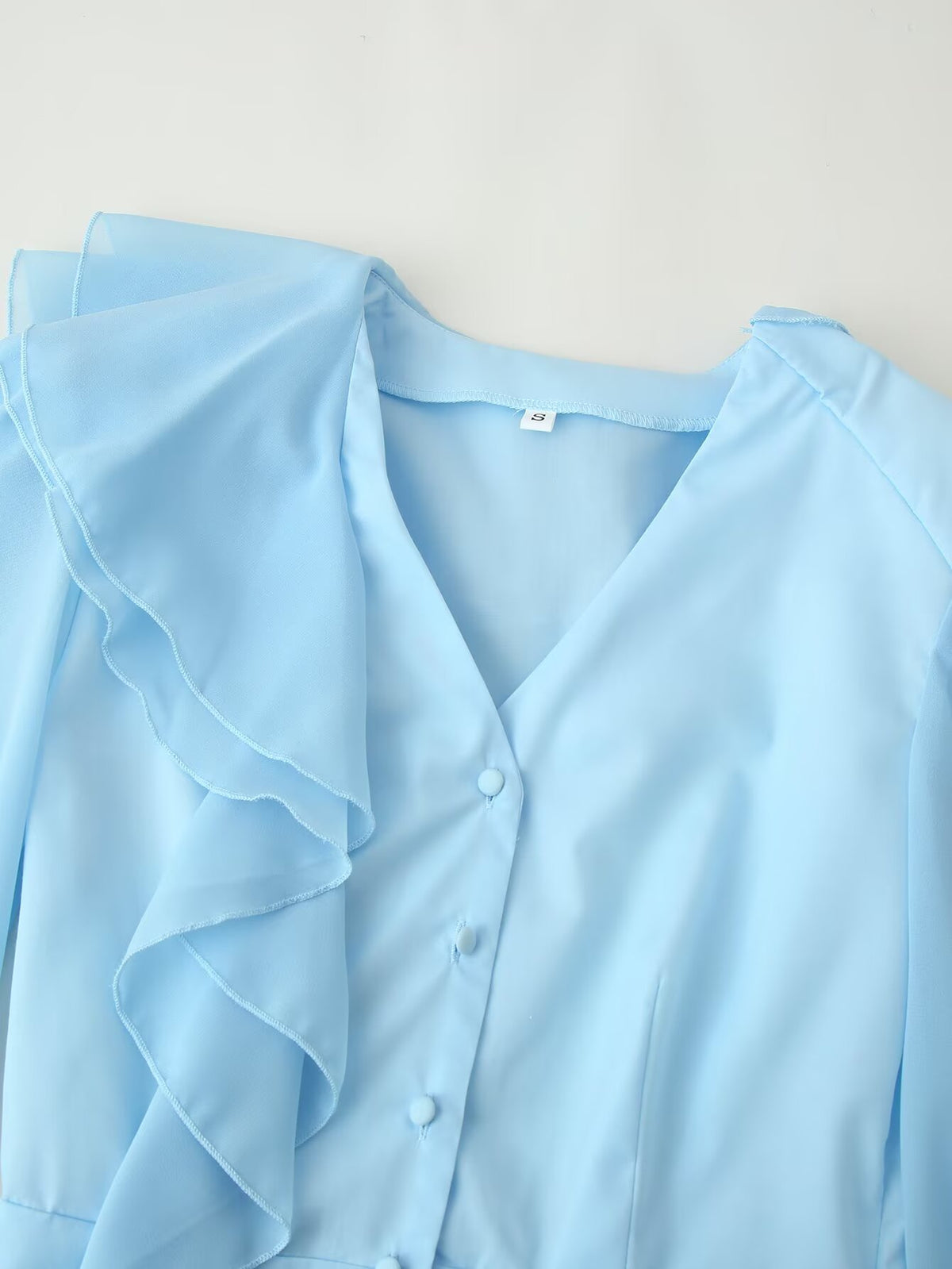 Women Clothing All Match V neck Fitted Waist Flare Sleeve Pleated Ribbon Dress