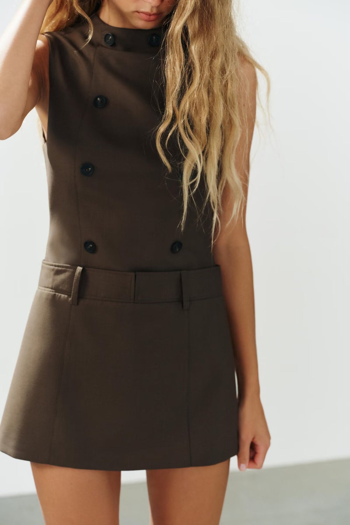 Autumn Women Clothing Sleeveless Fastener Decoration Stand Collar Short Dress