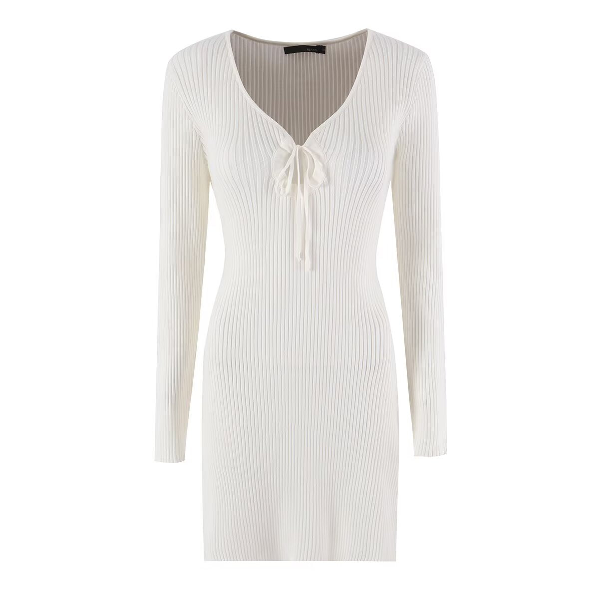 Ribbed Knit V-Neck Tie Front Long Sleeve Bodycon Mini Sweater Dress 7
