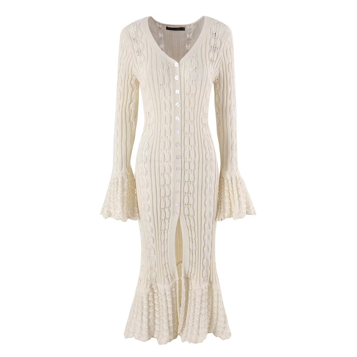 French V neck Hollow Out Cutout out Knitted Dress for Women Elegant Flare Sleeve Hollow Out Cutout out Loose Outer Wear Elegant Maxi Dress