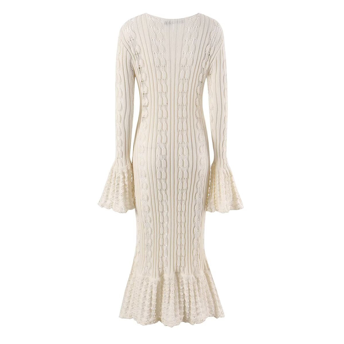 Pointelle Cable Knit V-Neck Button Front Flare Sleeve Mermaid Midi Dress 2