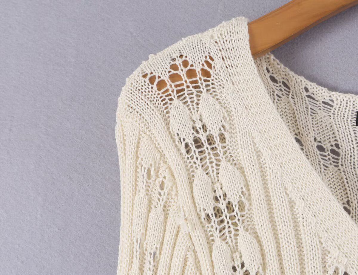 French V neck Hollow Out Cutout out Knitted Dress for Women Elegant Flare Sleeve Hollow Out Cutout out Loose Outer Wear Elegant Maxi Dress