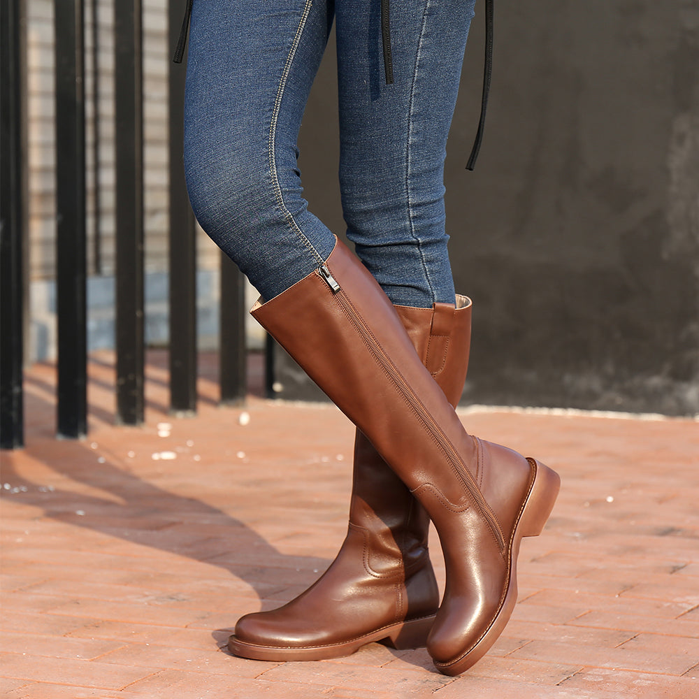 Handmade Soft��Leather Knee High Boots Side Zip Riding Boots Short Plush Lining in Black/Brown