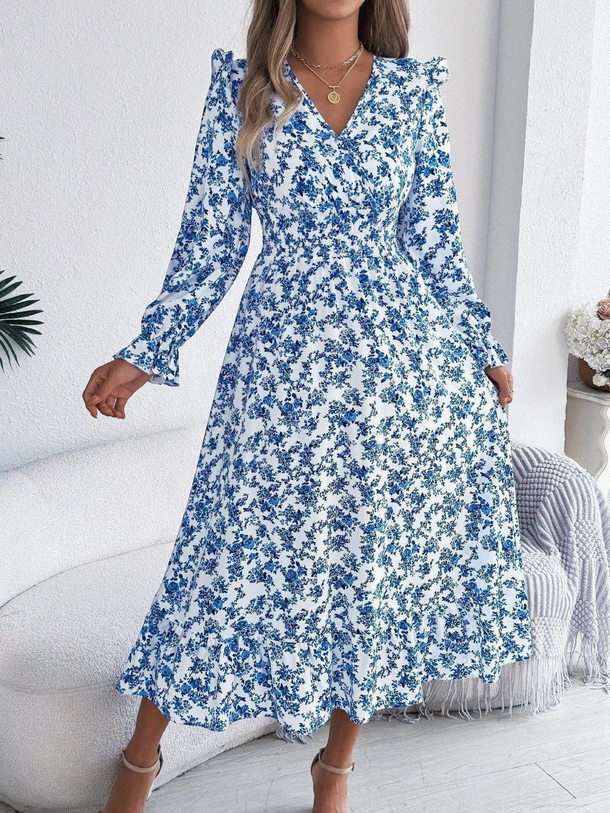 Floral Print Surplice V-Neck Ruffle Shoulder Smocked Waist Tiered Midi Dress 17