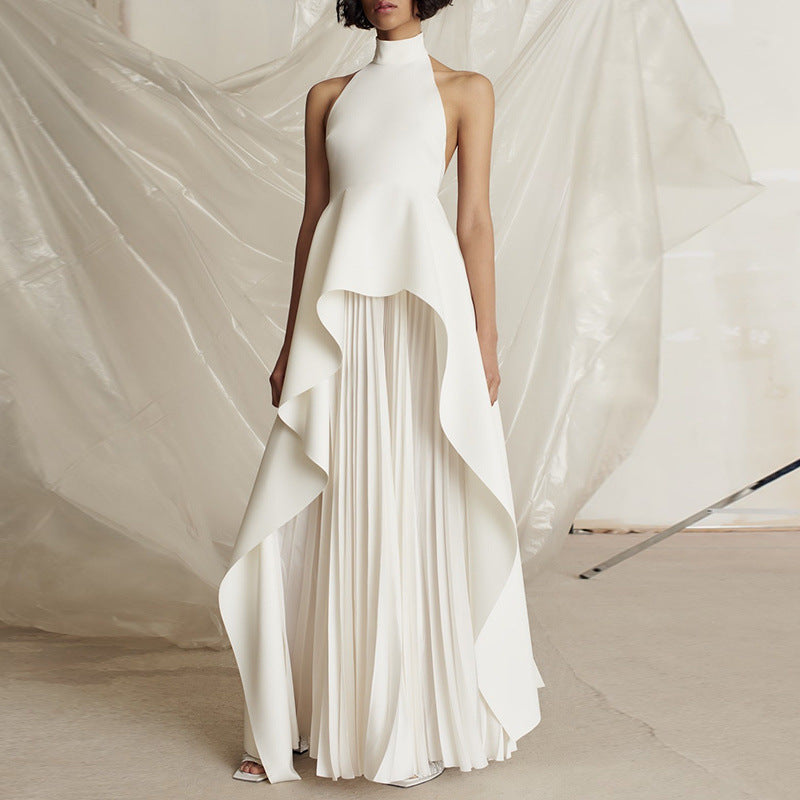 Halter Neck Peplum Top Pleated Maxi Skirt Two Piece Set