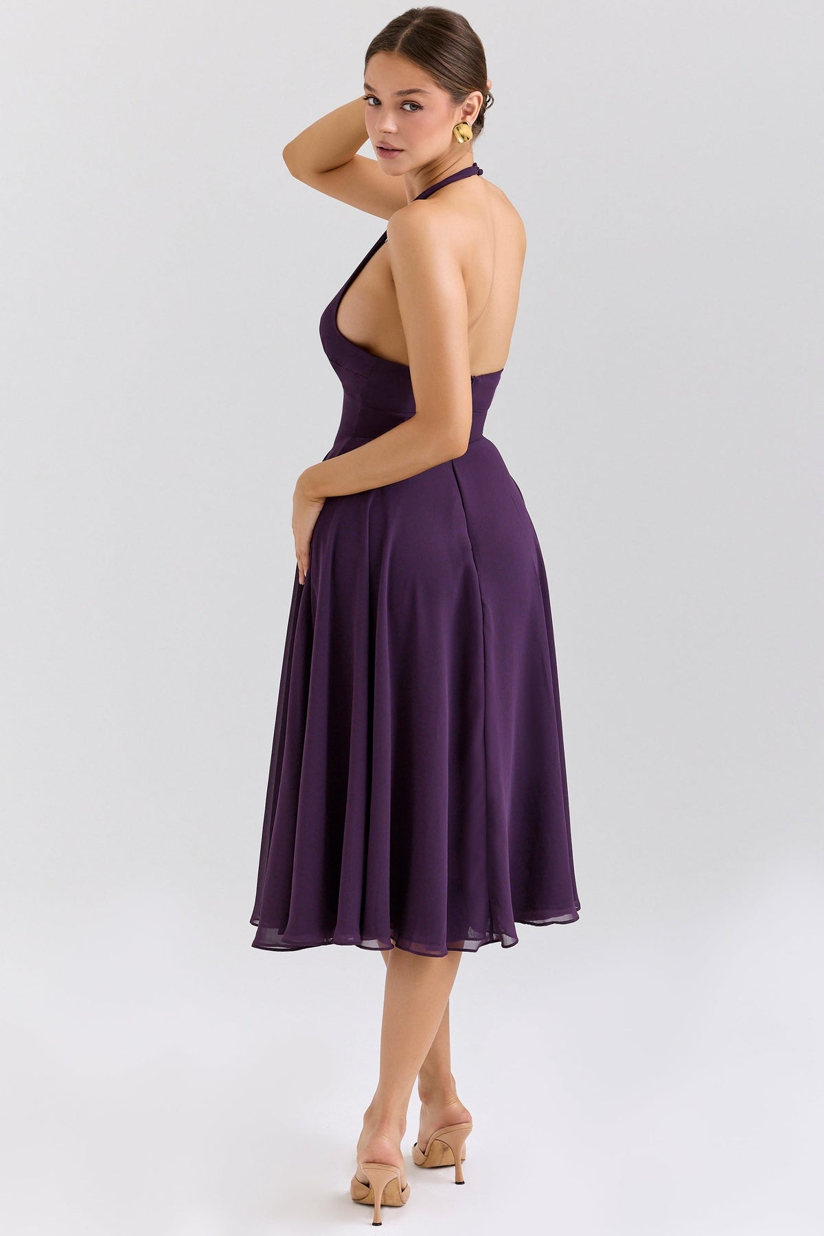 Georgette Halter Plunge Fit and Flare Midi Dress 2
