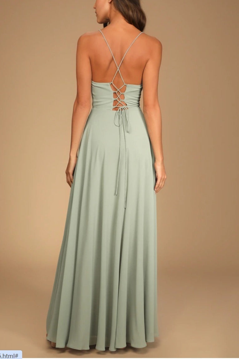Chiffon Cowl Neck Lace Up Back High Split Maxi Dress