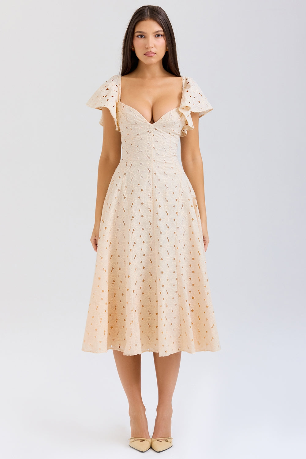Broderie Anglaise Flutter Sleeve Sweetheart Fit and Flare Midi Dress 3