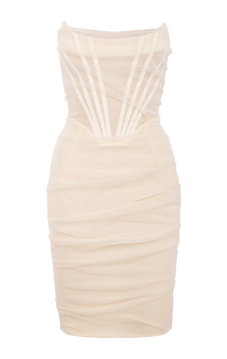 Strapless Sheer Mesh Corset Boning Ruched Bodycon Midi Dress 16