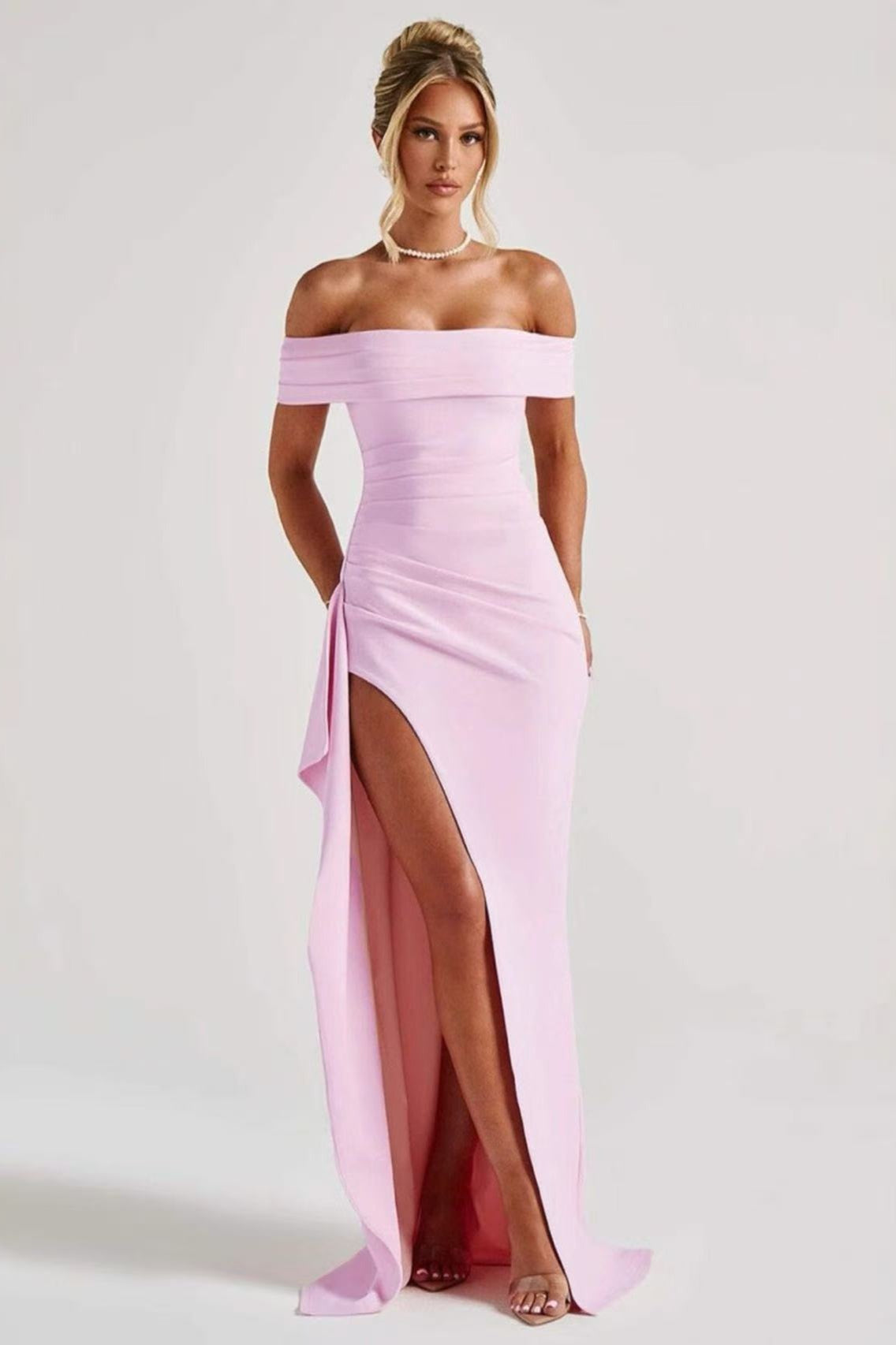Off Shoulder Ruched High Split Mermaid Maxi Dress 2
