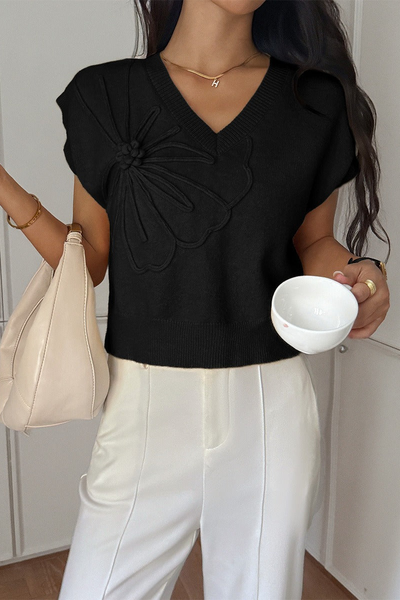 Deep V Solid Knit Short Sleeve Sweater