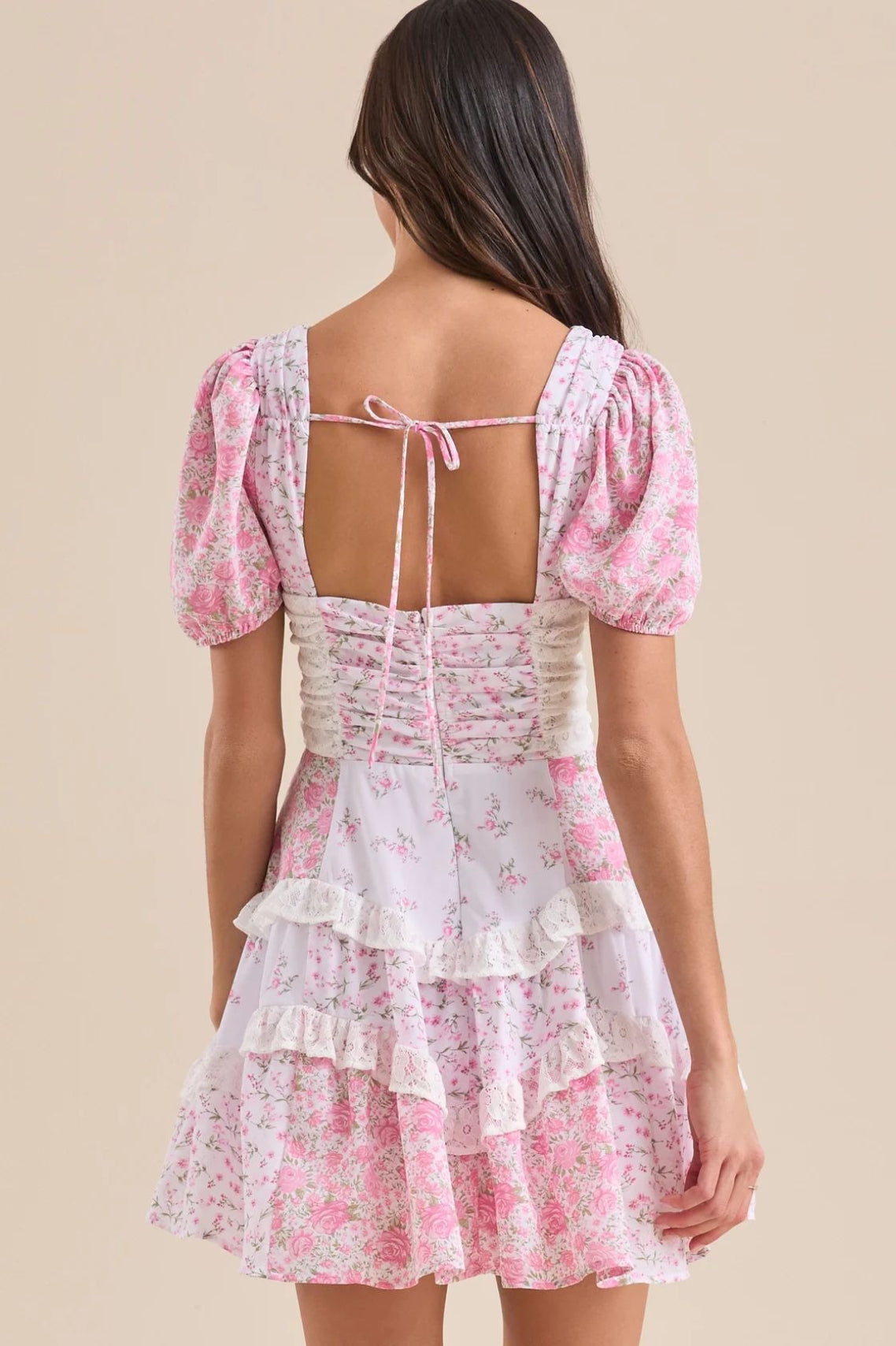 Floral Sweetheart Puff Sleeve Tiered Lace Trim Mini Dress