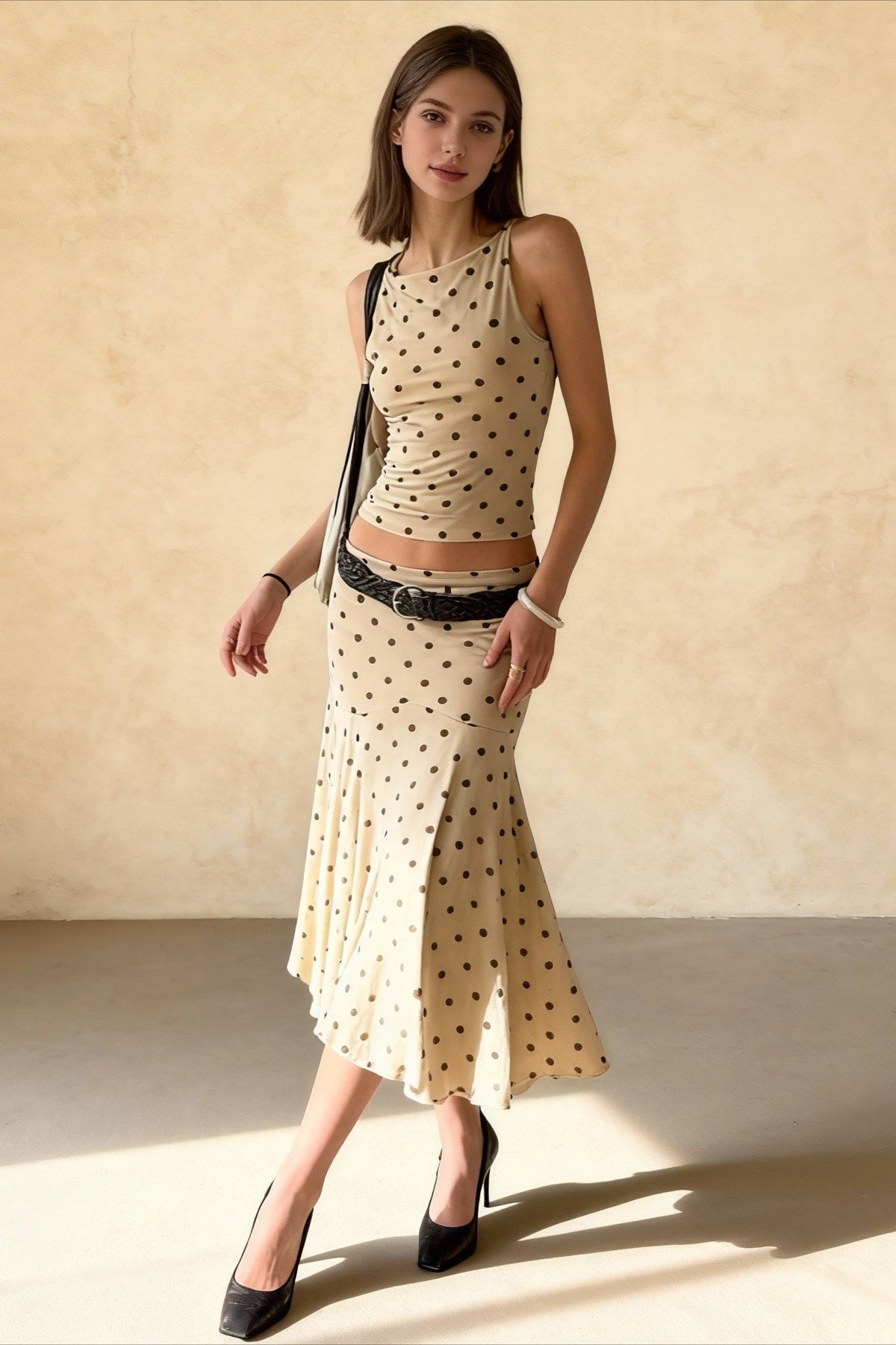 Polka Dot Sleeveless Top and Fishtail Midi Skirt Two Piece Set