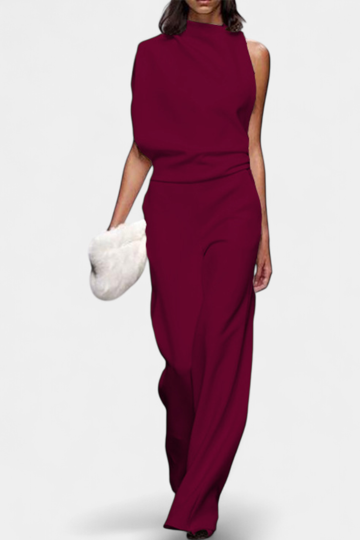 One Shoulder Sleeveless Mock Neck Wide Leg Jumpsuit