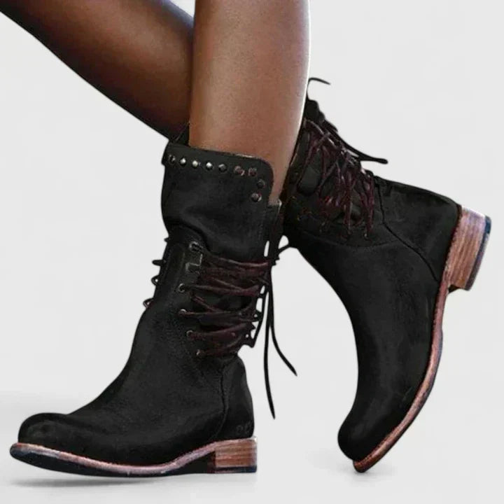 Lace Up Studded Stacked Heel Mid Calf Boots