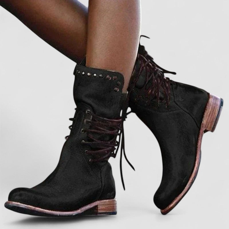 Lace Up Studded Block Heel Mid Calf Boots