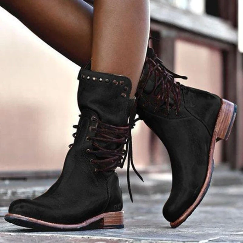 Lace Up Studded Block Heel Mid Calf Boots 6