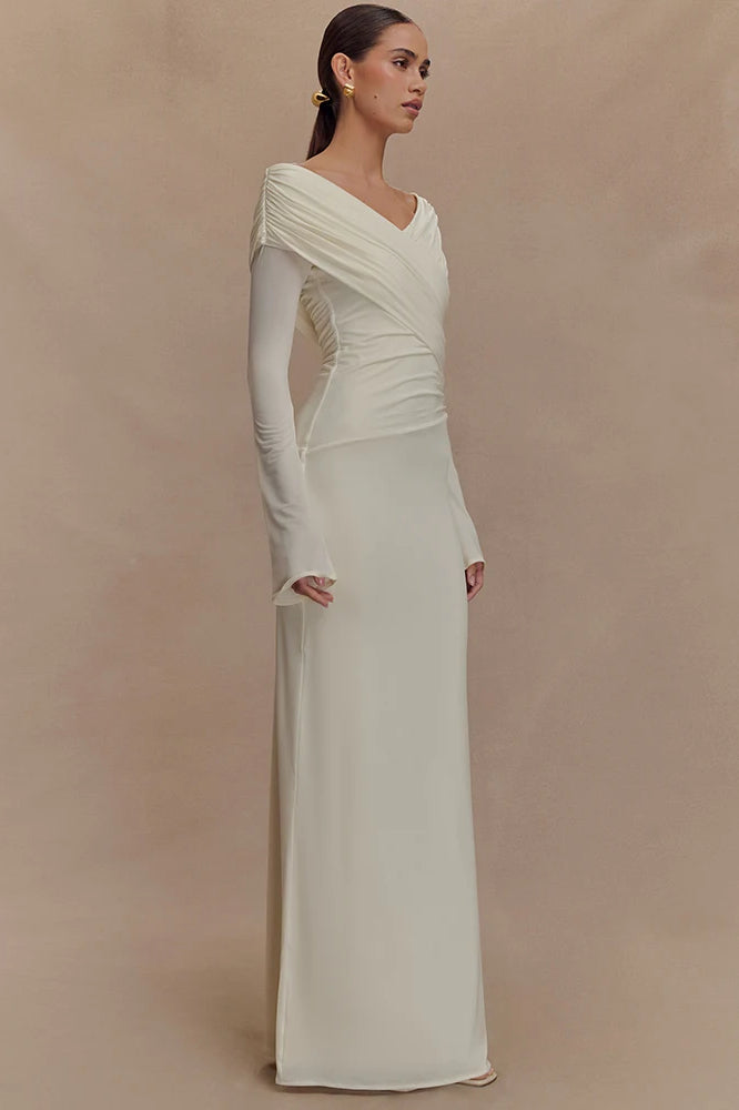 V Neck Long Sleeve Ruched High Waist Maxi Dress