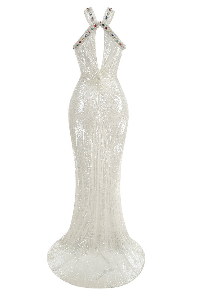 Sequin Halter Neck Jewel Keyhole Cut Out Mermaid Gown