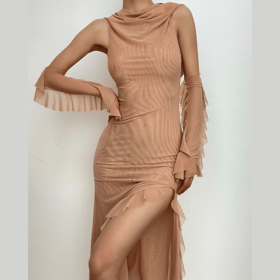 Mesh Cowl Neck Sleeveless Ruffle High Split Glove Maxi Dress
