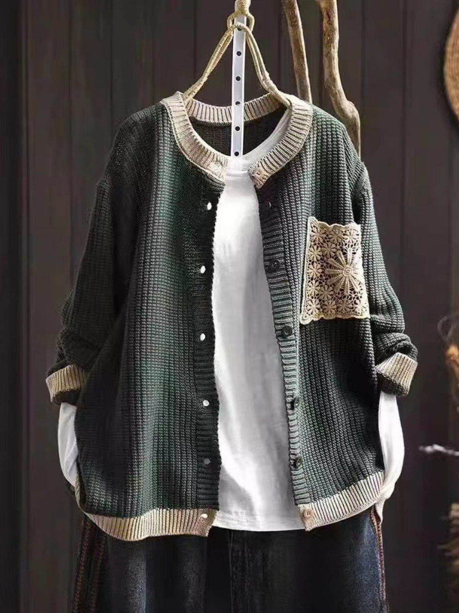 Round Neck Button Front Crochet Pocket Knit Cardigan
