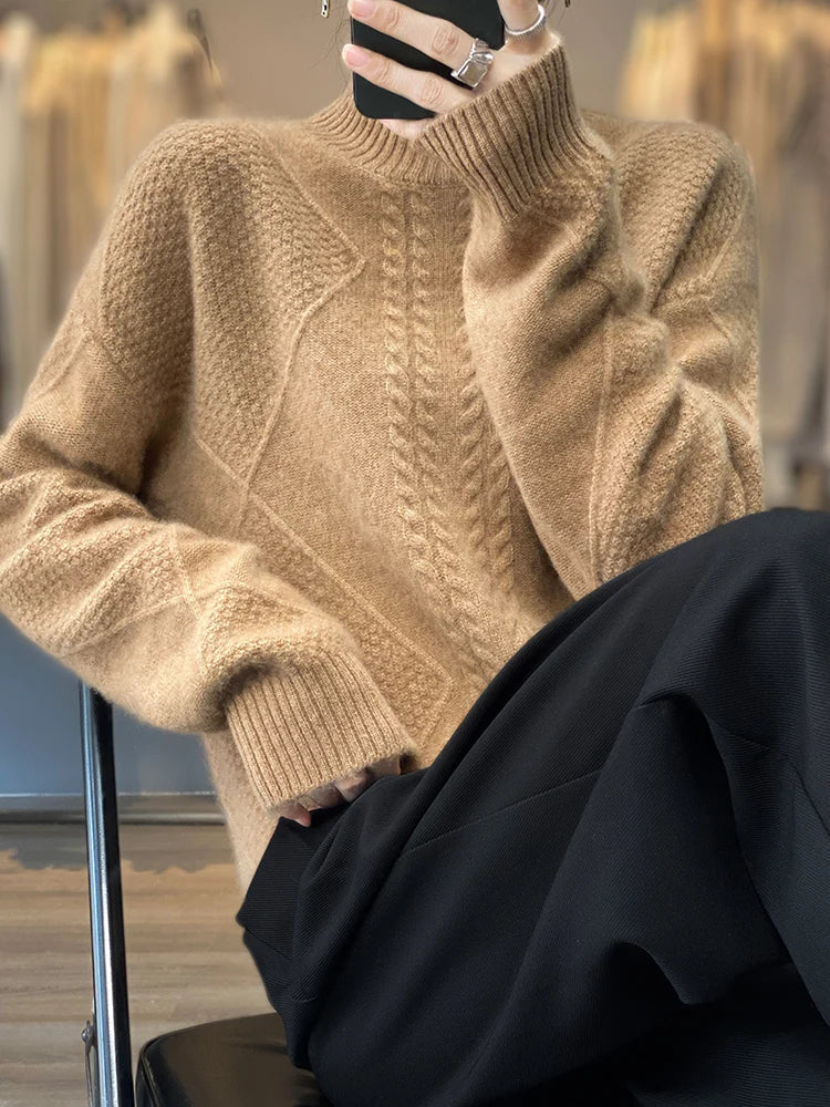 Mock Neck Long Sleeve Cable Knit Sweater